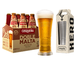 Six pack de Cerveza Cusqueña Doble Malta con vaso Kero